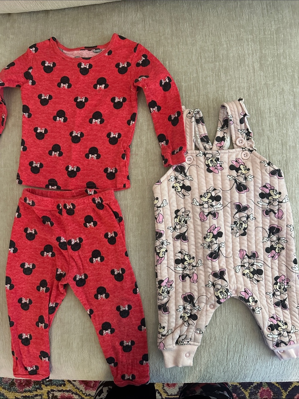 Disney Red Minnie Mouse Pajama Set with Light Pink Quilted Overalls